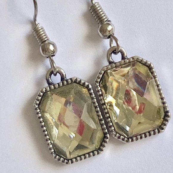 Emerald Radiant Cut Yellow Topaz Crystal Earrings Silver Tone Plated Dangle - Picture 9 of 12